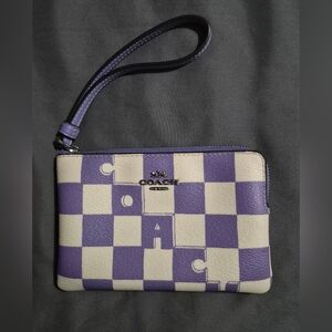 Coach Purple and Cream Checkered Wristlet